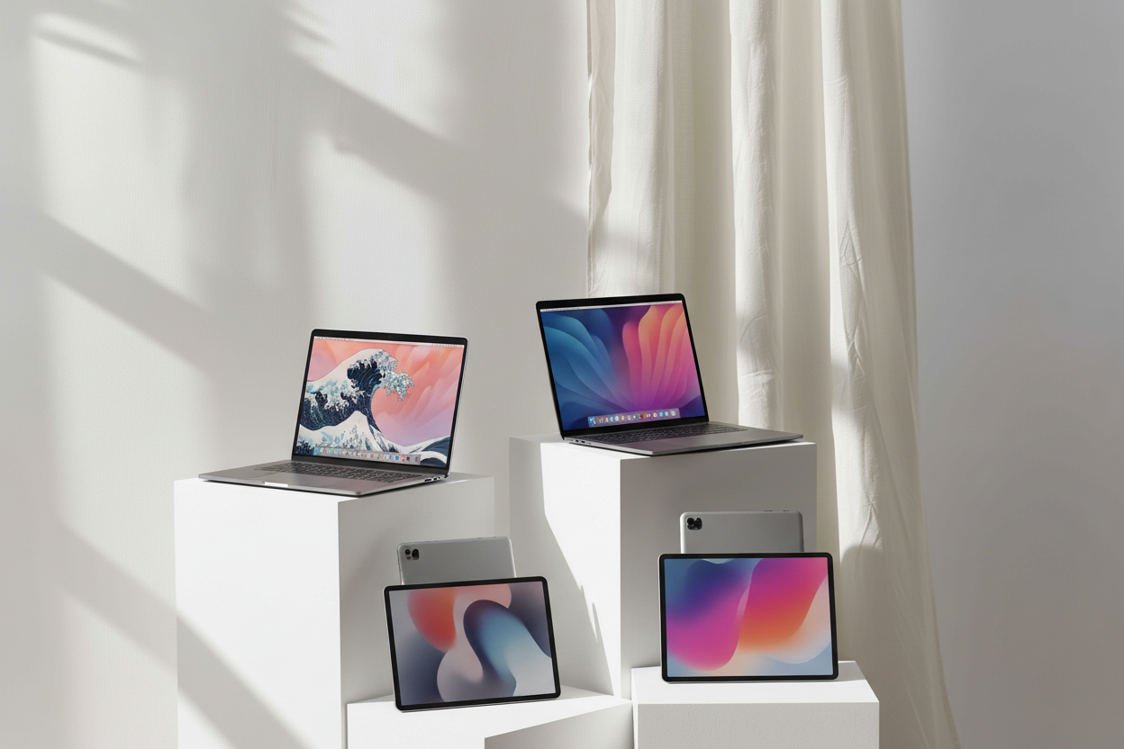 MacBooks y iPads con fondos Apple